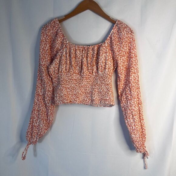 American Eagle Orange Floral Print Cropped Long Sleeve Peasant Top Size Small - Picture 2 of 11